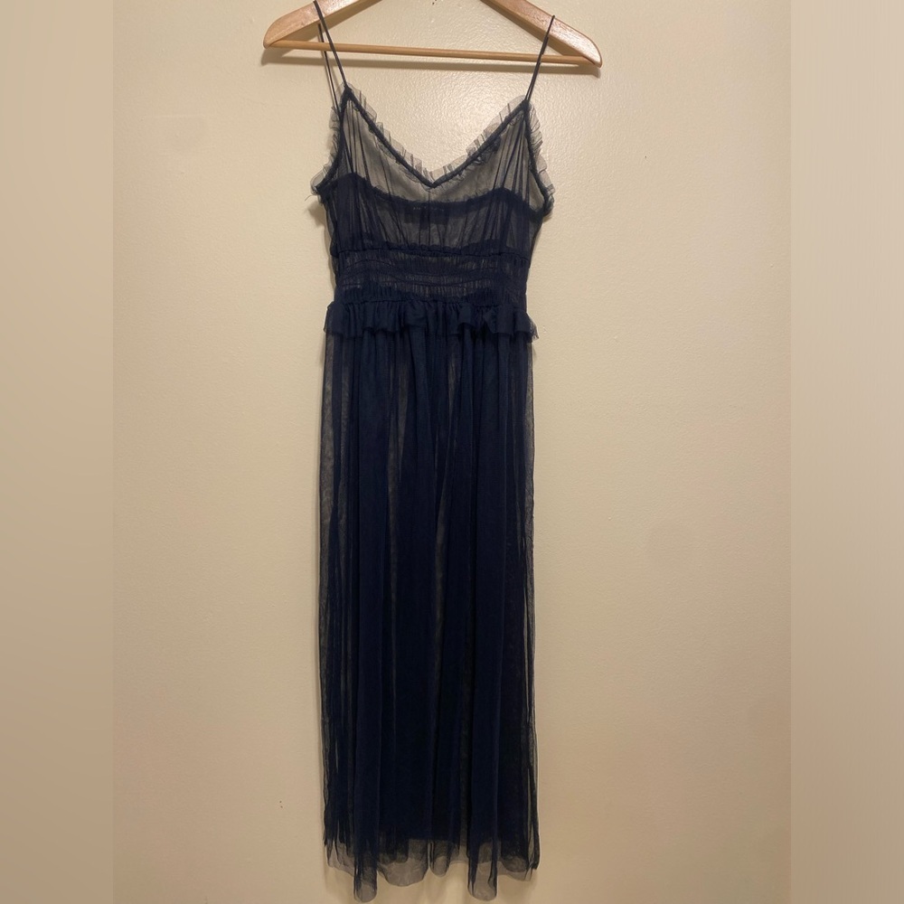 ETOPHE STUDIOS Sheer Navy Sleeveless Midi Dress. Size S